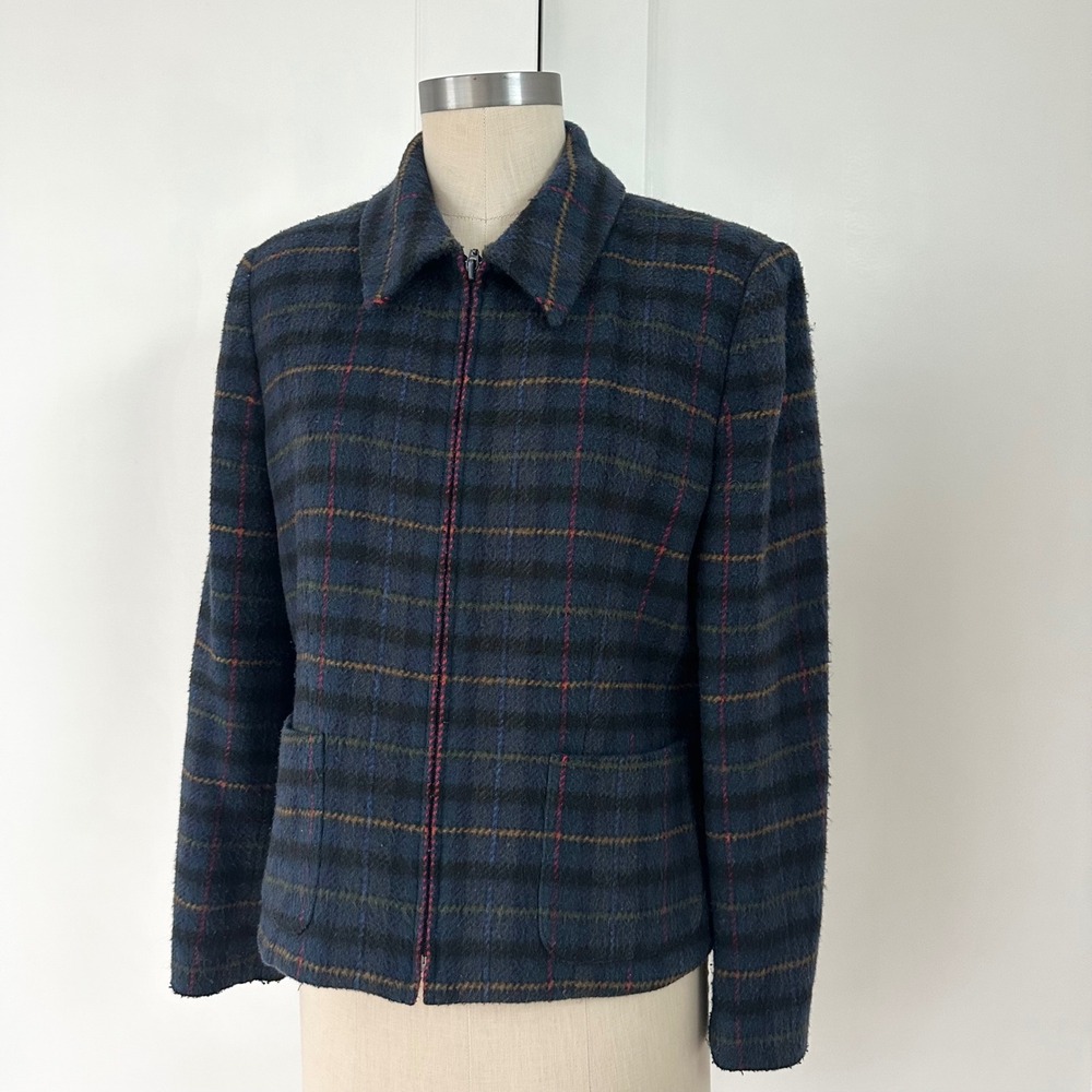 Casual Corner Annex Petite Wool Blend Plaid Zip Up Jacket Navy Blue Small Size 8